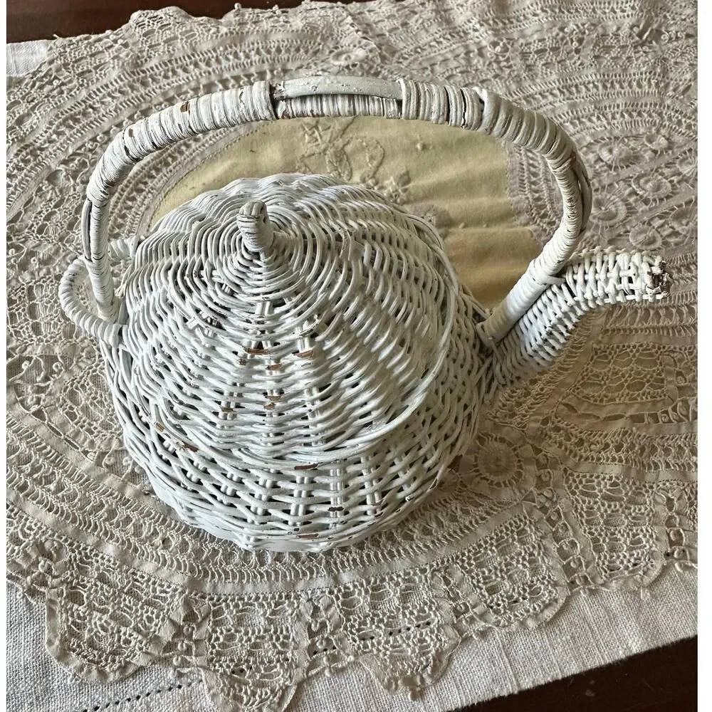 Vintage White Wicker Teapot Shape Basket Cottage Decor 6.5